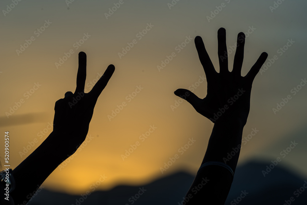 person making silhouettes with their hands in the darkness of a sunset