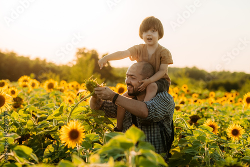 Happy Father's Day. A father with a young son in a field of sunflowers during the golden hour. Dad and son are active in nature. The family walks through the summer field.