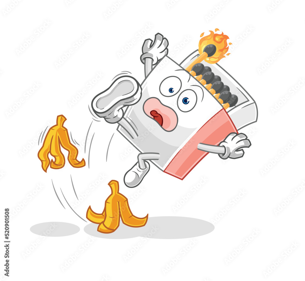 Naklejka premium matchbox slipped on banana. cartoon mascot vector
