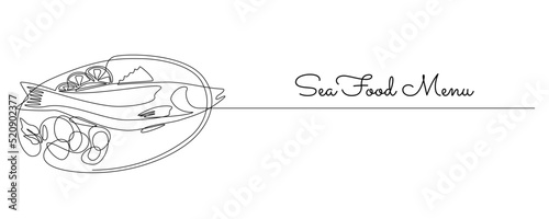 Continuous one line drawing of grilled salmon fish on plate. Roasted seafood dish with lemon and vegetables in simple linear style for restaurant menu. Editable stroke. Doodle Vector illustration