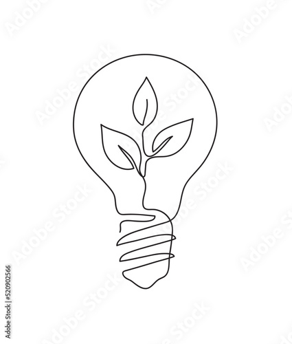 Plant inside lightbulb. Eco green energy concept. Continuous line art drawing. Hand drawn doodle vector illustration in a continuous line