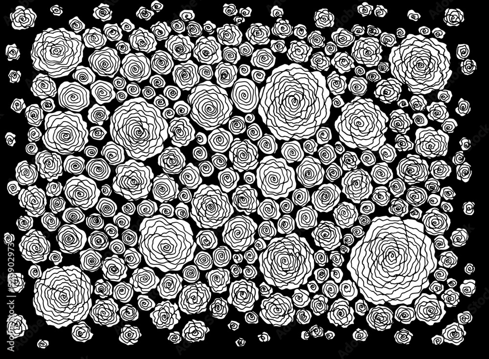 Floral doodle background pattern with roses. Black and white line art ...