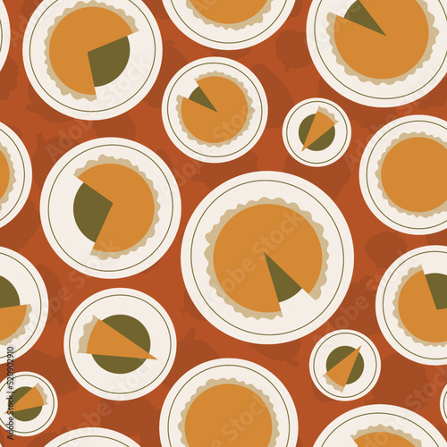 Thanksgiving Pumpkin Pies on Plates Top View Seamless Repeat Design