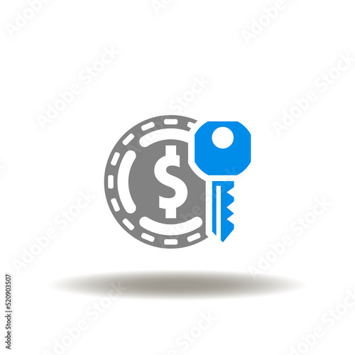 Vector illustration of coin dollar curency with key. Icon of success profit. Symbol of money access. Pictogram of finance privacy, secrecy.