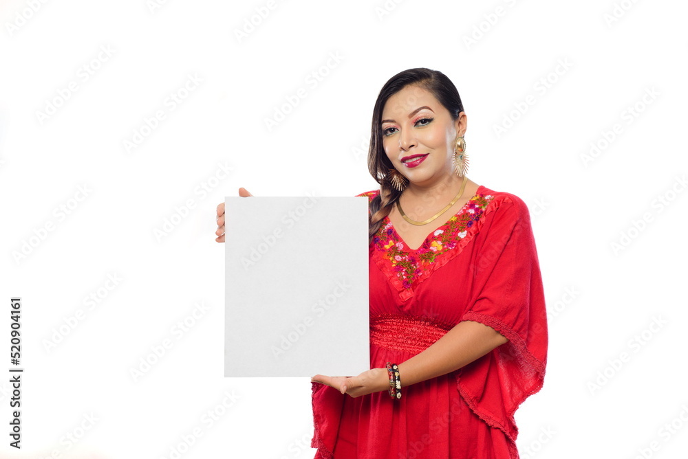 Portrait of Mexican woman in traditional dress holding a blank poster. White background. Portrait of Mexican woman in traditional dress holding a blank poster. White background.