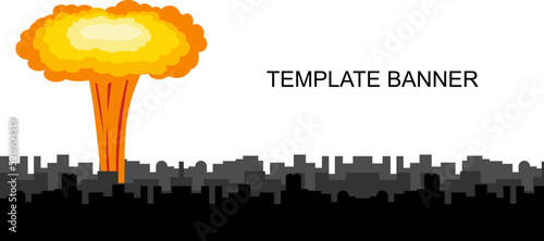 Explosion in the city banner. War in the city vector illustration. Rocket explodes in the city template for news. Nuclear bombs exploding