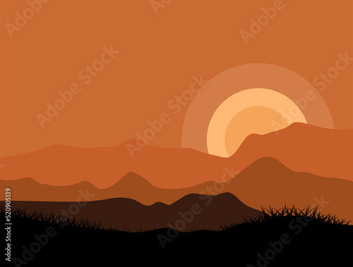 Landscape background with silhouettes of mountains and beautiful night sky. Sunset vector illustration