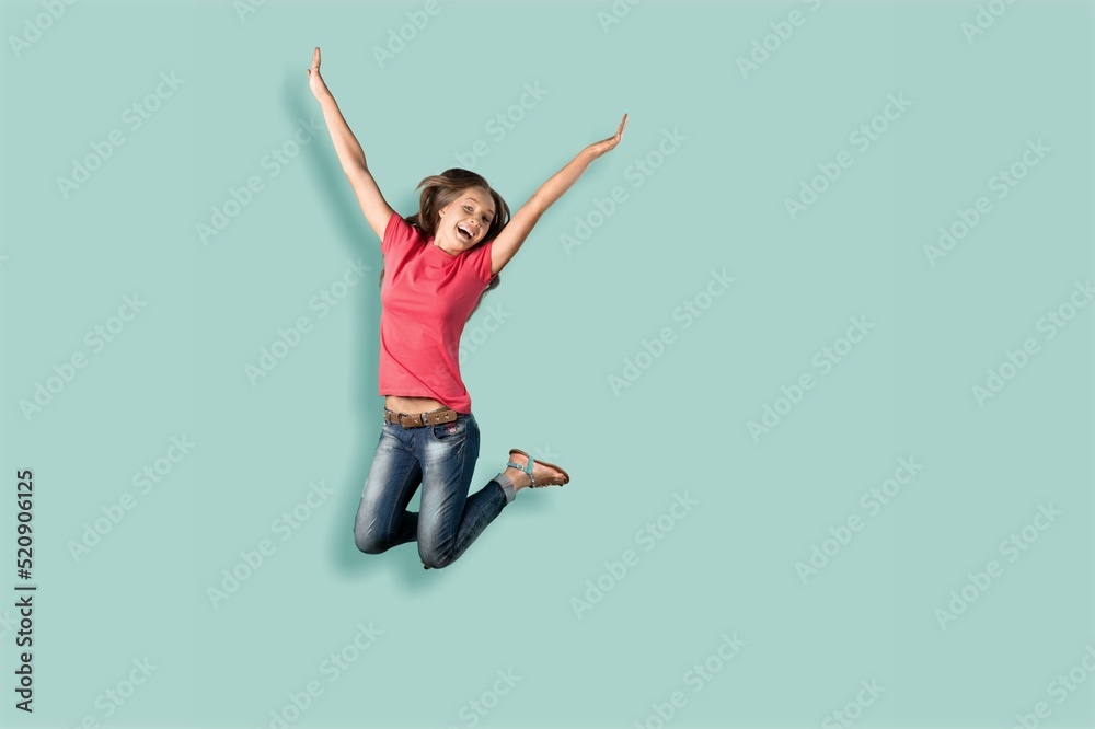 Young smiling happy woman jump high. People lifestyle concept