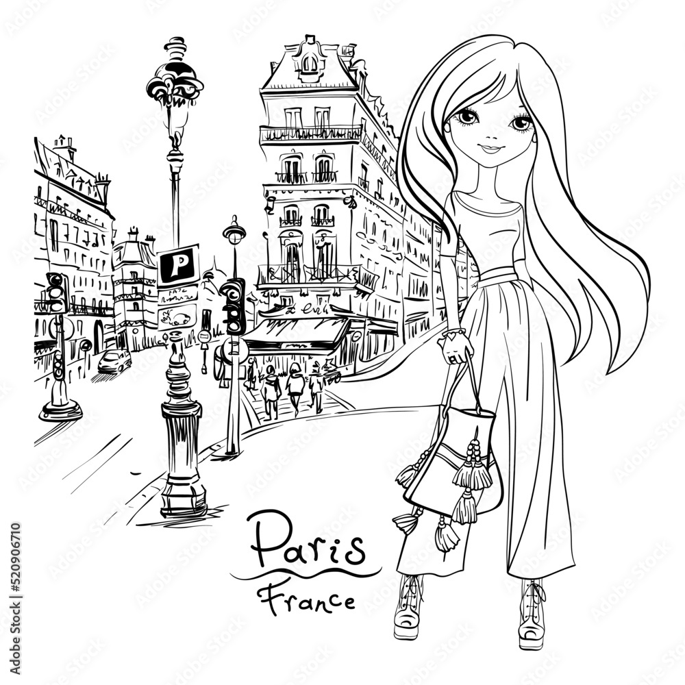 Vetor De Vector Cute Brunette Girl On A Paris Street In Paris France 