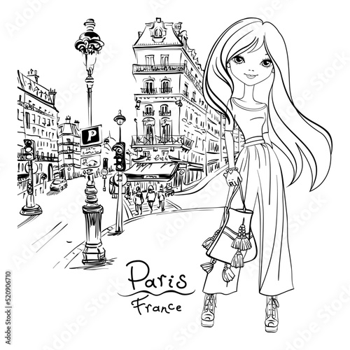 Vector cute brunette girl on a paris street in Paris, France. Black and white illustration for coloring book.