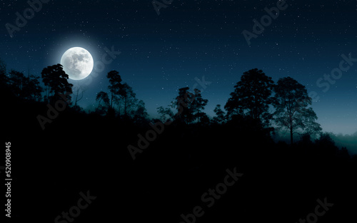 the starry sky with lighted moon and silhouette of the hills