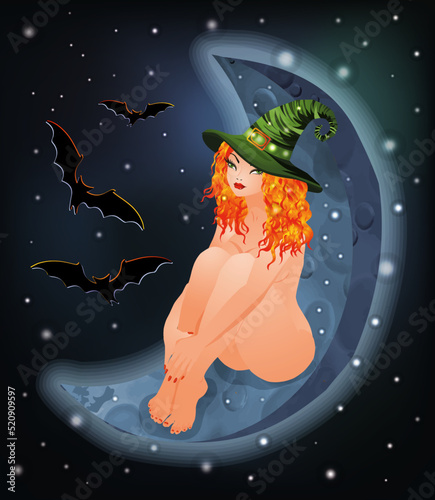 Halloween moon and sexy red hair witch, vector illustration