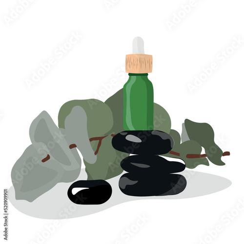 Natural cosmetics and spa stones on white background