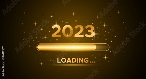 Happy new year banner with 2023 loading. Holiday vector illustration of Golden numbers 2023 background.