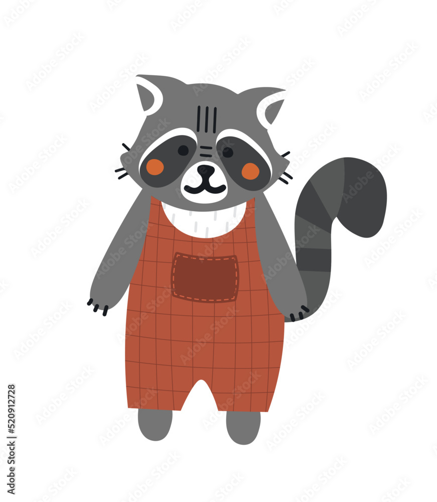 Cute teddy raccoon. Sticker for social networks. Toy or mascot for children. Forest dweller in red sundress, graphic elements for website and printing on clothes. Cartoon flat vector illustration Cute teddy raccoon. Sticker for social networks. Toy or mascot for children. Forest dweller in red sundress, graphic elements for website and printing on clothes. Cartoon flat vector illustration