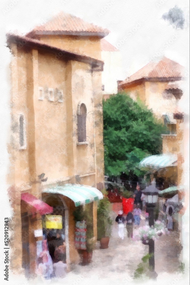 Ancient italian village architecture building watercolor style illustration impressionist painting.