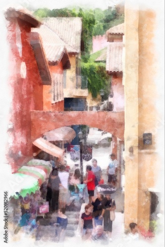 Ancient italian village architecture building watercolor style illustration impressionist painting. © Kittipong