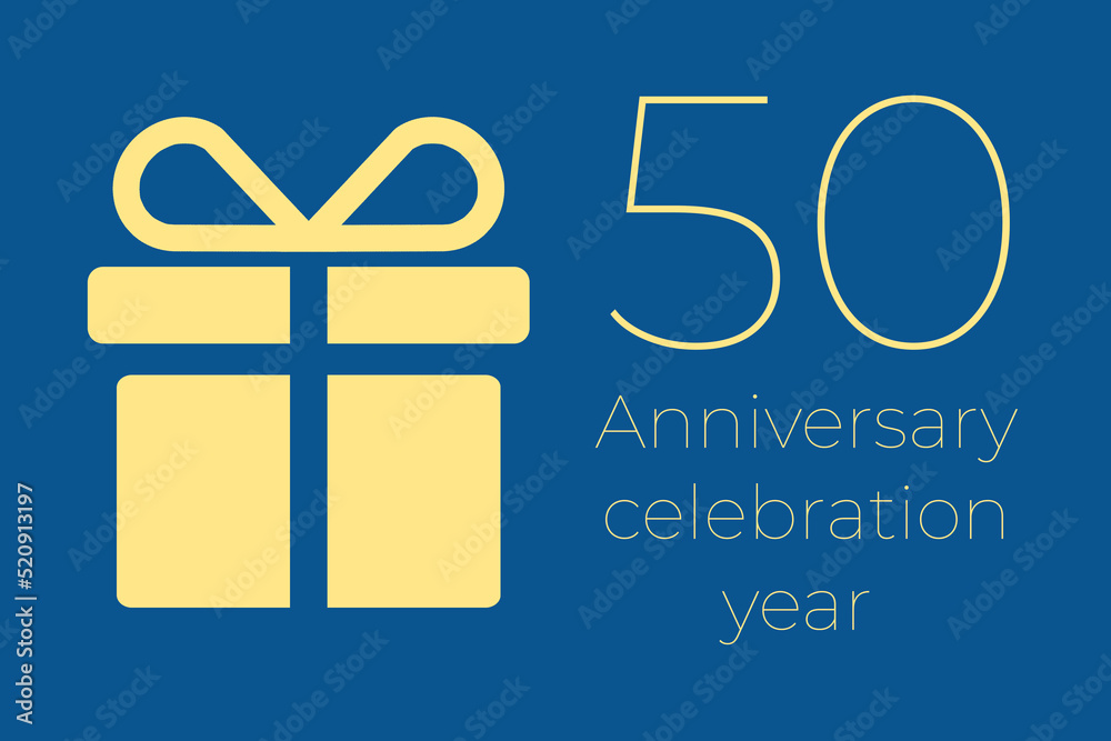 50 logo. 50 years anniversary celebration text. 50 logo on blue background. Illustration with yellow gift icon. Anniversary banner design. Minimalistic greeting card. fifty postcard 50 logo. 50 years anniversary celebration text. 50 logo on blue background. Illustration with yellow gift icon. Anniversary banner design. Minimalistic greeting card. fifty postcard