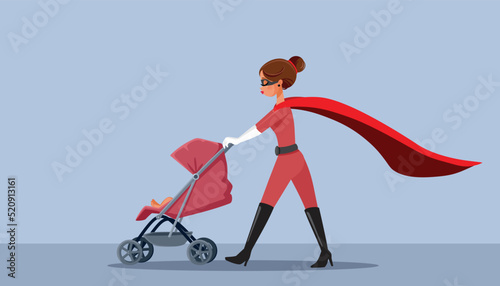 Superhero Mom Pushing a Baby Stroller Vector Cartoon Illustration. Super mum walking her child in a pram carriage
