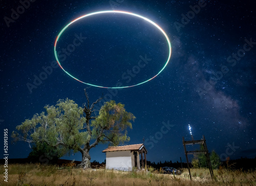 Night landscape long exposure photography painting with drone and the Milky Way