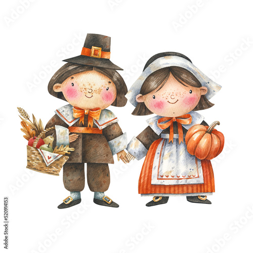 Cute, cartoon pilgrims with autumn gifts watercolor illustration. Thanksgiving Day children Pilgrim Couple.