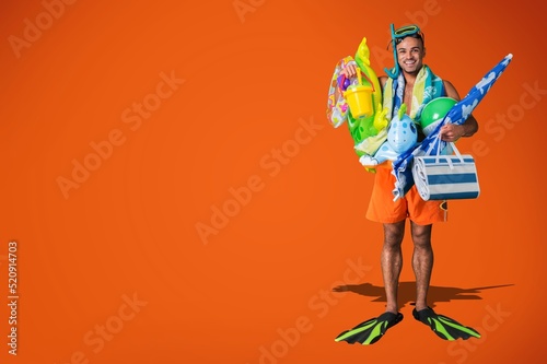 Tourist man ready to travel on weekends. Summer vacation sea rest sun tan concept