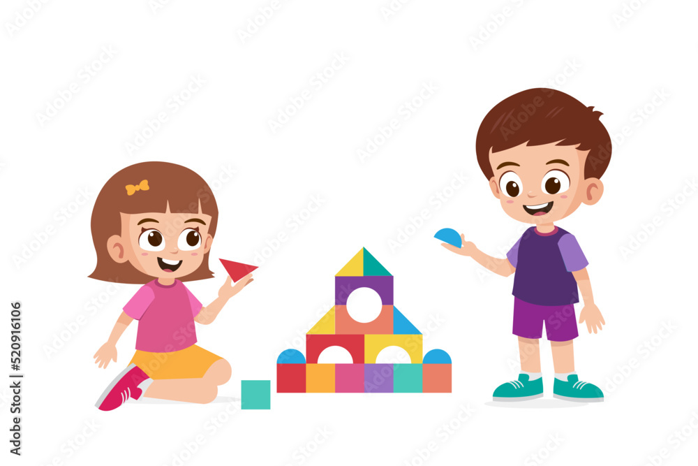 Cute little girl and boy playing building block together vector illustration