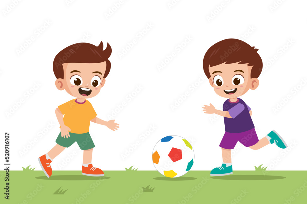 Two cute boys playing football in the park vector illustration Two cute boys playing football in the park vector illustration