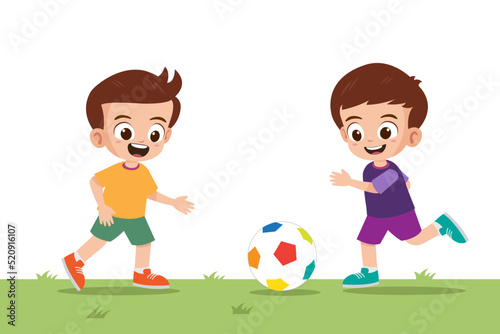 Two cute boys playing football in the park vector illustration