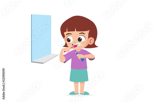 Cute little girl brushes her teeth with a toothbrush vector illustration