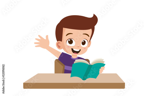 Cute little kid raising his hand while holding a book vector illustration