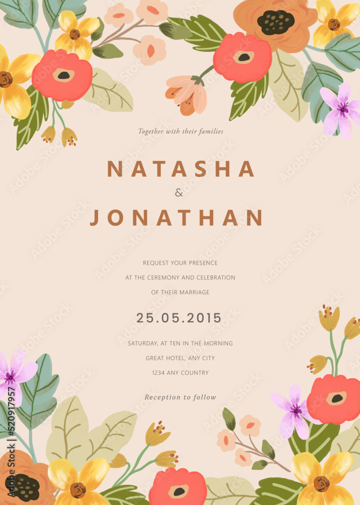 Cute red and orange floral bouquet wedding invitation