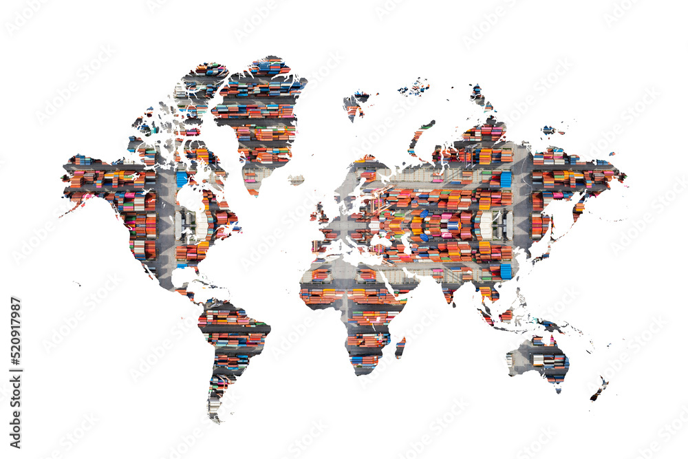 World map with Cargo container in the export and import business and logistics international goods. Container yard. international order concept. - obrazy, fototapety, plakaty 