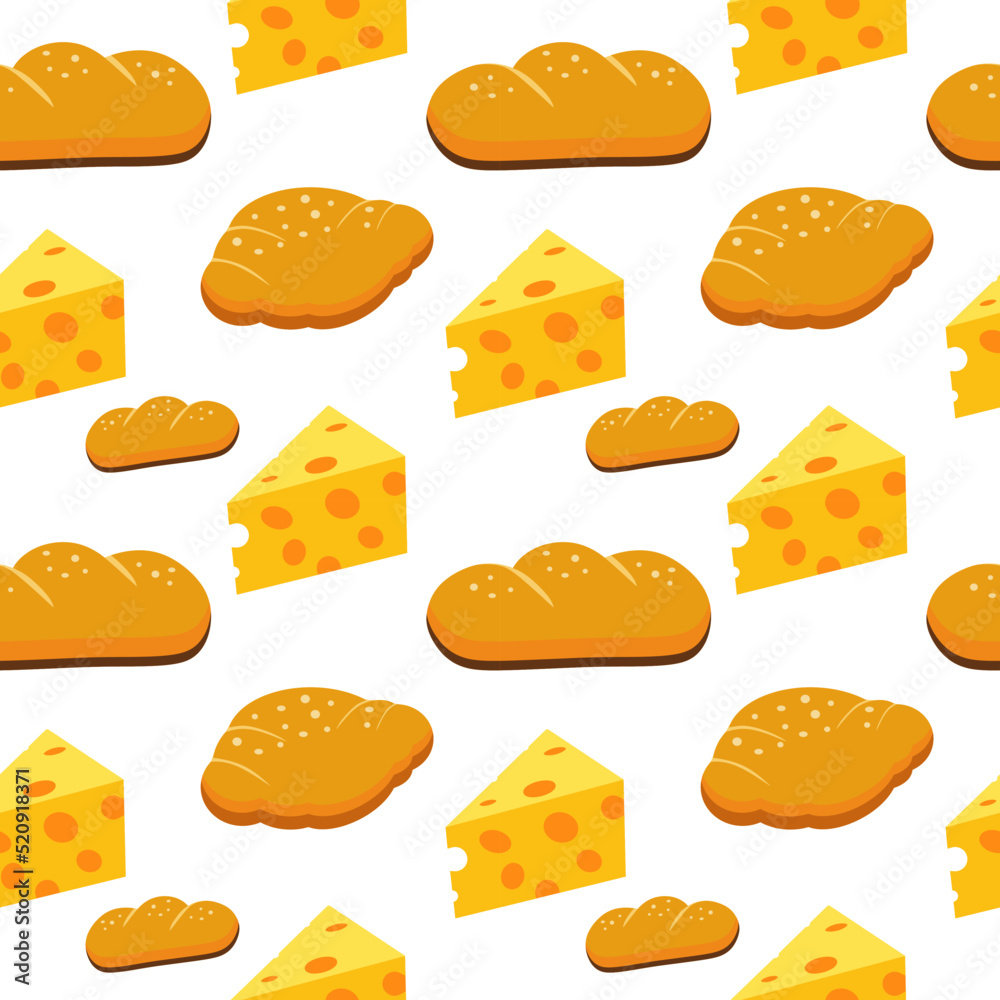 French bread and cheese pattern. Food background template. Bakery preliminary illustration
