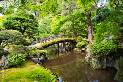The garden pond and the bridge inside Kyoto Imperial Palace.  Kyoto Japan
