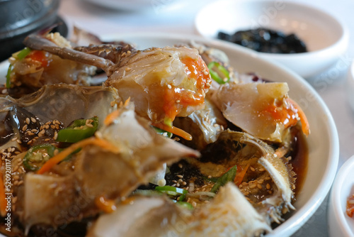 Korean traditional food eaten with fresh live crab seasoned with soy sauce