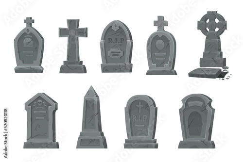 Tableau sur toile Cemetery graves and gravestones vector set of isolated cartoon graveyard tombstones and cemetery headstones