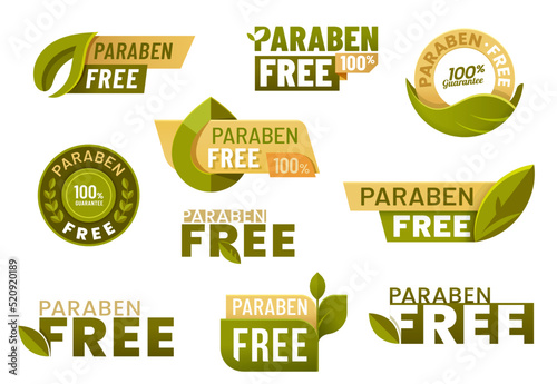 Paraben free labels and icons for cosmetics. Skincare and beauty products without paraben preservative. Vector symbol of safe and natural cosmetics. Badge, pictogram and sticker with green leaf