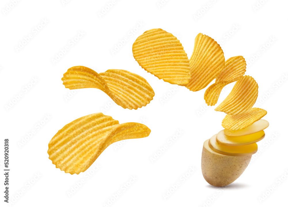 Realistic potato turning into ripple wavy chips. Flying and falling