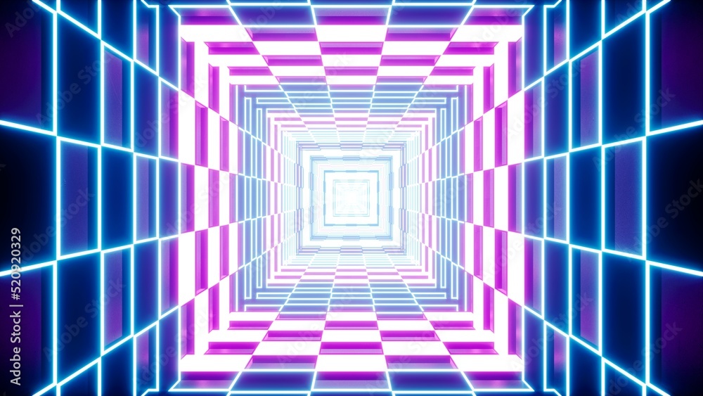 Purple and Blue Colored Mosaic Pattern Neon Light Tunnel 3D Rendering