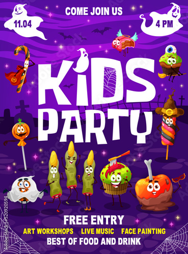 Halloween kids party flyer. Cartoon Halloween candy characters vector poster of horror holiday trick or treat party, pumpkin, witch and ghost lollipops, finger cookies, zombie and angel cakes