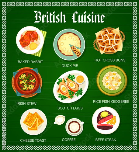 British cuisine restaurant meals menu page template. Baked rabbit, duck pie and hot cross buns, Irish stew, rice fish kedgeree and Scotch eggs, cheese toast, coffee and beef steak