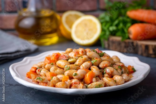 Traditional delicious Turkish food; Kidney beans with olive oil, Red kidney bean stew, Turkish name; Barbunya pilaki