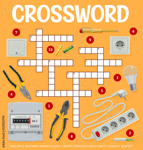 Electrician tools and equipment crossword grid, find word quiz game, vector worksheet. Crossword puzzle to guess words of electrician tools, lamp bulb and electricity indicator, battery and socket