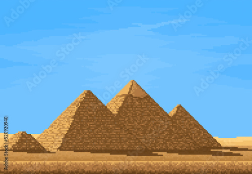 8 bit pixel pyramids in Egypt desert  pixel art game level landscape. Retro video game vector background with egyptian sand desert  ancient pharaoh pyramids and blue sky  arcade game nature location