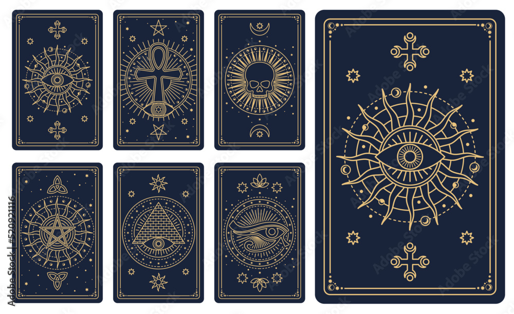 Tarot cards. Astrology card occult mason symbols, tarot arcana cards with esoteric alchemy vector signs, All-Seeing Eye of God, egyptian ankh and horus eye, pentagram, human skull, sun and moon - obrazy, fototapety, plakaty 