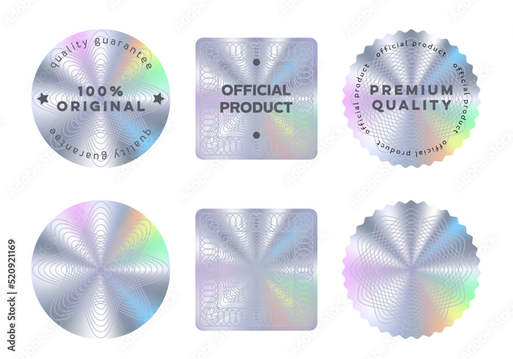 Hologram stickers or labels with holographic texture. Vector silver round, square and wavy product quality guarantee badge, original official seal. Realistic holograms for product packaging - obrazy, fototapety, plakaty 