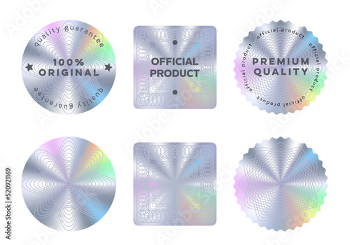 Hologram stickers or labels with holographic texture. Vector silver round, square and wavy product quality guarantee badge, original official seal. Realistic holograms for product packaging