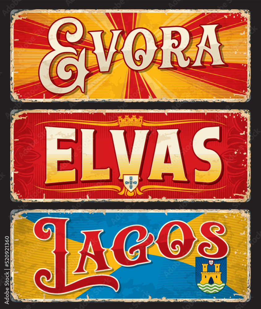 Lagos, Evora, Elvas, Portuguese city travel stickers and luggage tags, vector bag labels. Portugal vacations and journey trip retro tin signs or travel plates with landmarks and emblems