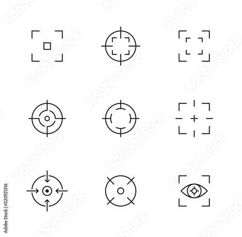 Focus icons, camera frame or photo viewfinder screen, target aim vector line symbols. Focus icons of photo or video camera lens with eye point, picture shutter focus with viewfinder frame grid